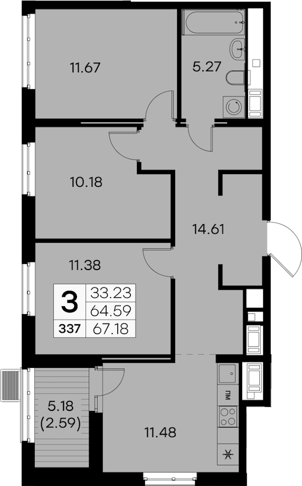 3-комнатная квартира 67.18 м², 9/9 эт., ЖК «Glorax City Балтийская»